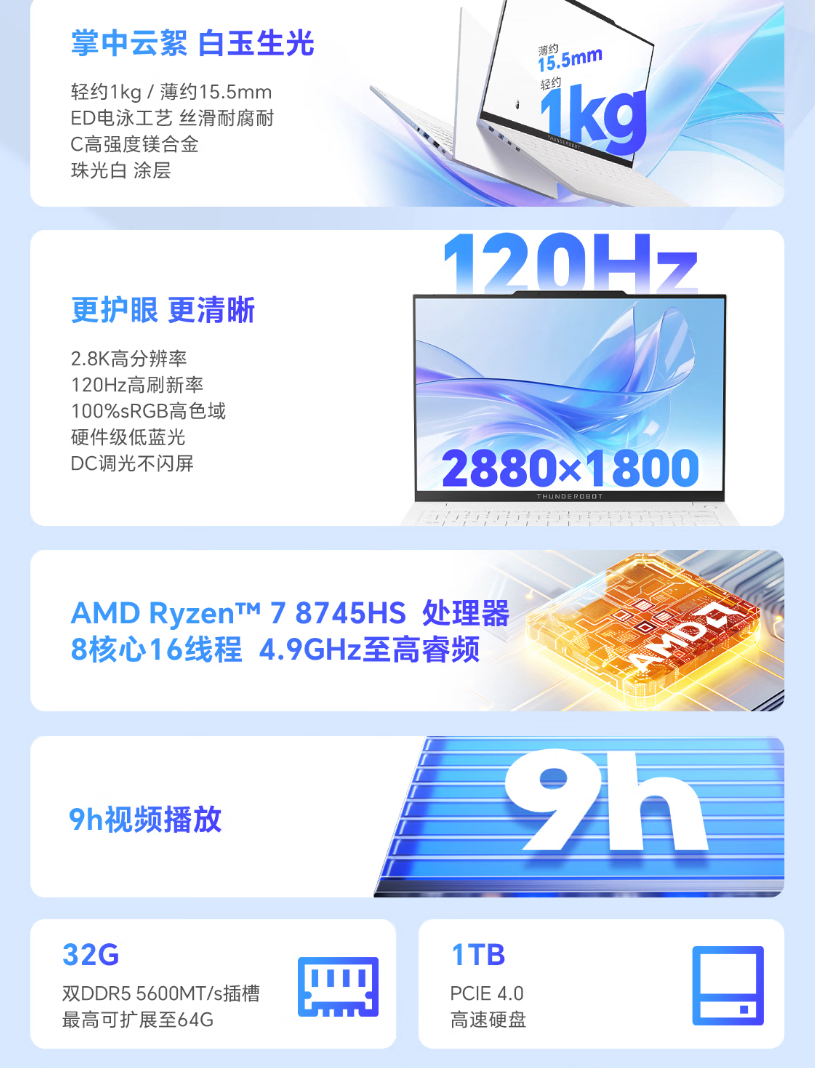 轻至1Kg  AMD锐龙R7-8745HS笔记本只要3659元